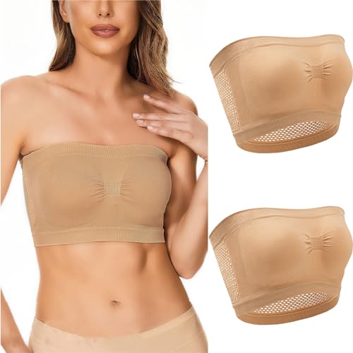 2 Packs Bandeau Bra Strapless Bra for Ladies, 2024 Seamless Non Padded Bras Sexy Crop Tube Top Bra Sports Underwear Beige