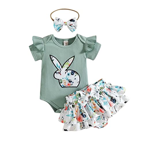 Image of Baby Girl Bath Items Infant Girls Short Sleeve Easter Cartoon Rabbit Prints Romper Bodysuit Ruffles Shorts Headbands Green