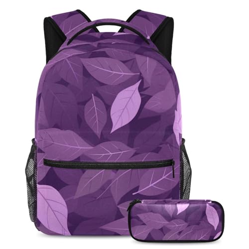 Ensemble sac à dos feuilles violettes et trousse pour le collège et lycée