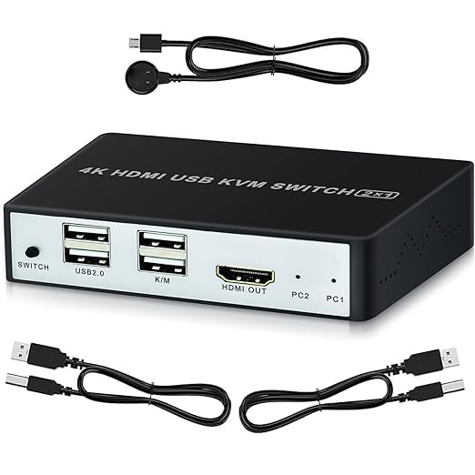 Conmutador KVM HDMI USB 2 puertos 4K, conmutador KVM SZJUNXIAO 2 entradas y 1 salida compatible con conmutador KVM UHD 4K@60Hz 2 PC 1 monitor con 2 cables USB, controlador de conmutación de escritorio
