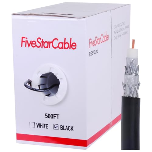 FiveStarCable RG6 500ft Quad Shielded Coaxial Cable - Easy Pull Box, Black & White, ETL, CL2 Rated, 18 AWG, 75 Ohm, for HDTV, Satellite, Cable TV, Internet, and CCTV Installations (Black, 500 Ft) by FiveStarCable - Used condition - US$53.17