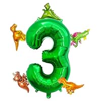 LilyZheng Large Dinosaur Balloon Number 3, 40 Inch Dark Green Foil Balloon and 5 Mini Dinosaurs Balloons for 3rd Dino Birthday Decorations and Dino Party Supplies Boys and Girls