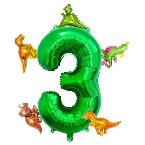 LilyZheng Large Dinosaur Balloon Number 3, 40 Inch Dark Green Foil Balloon and 5 Mini Dinosaurs Balloons for 3rd Dino Birthday Decorations and Dino Party Supplies Boys and Girls