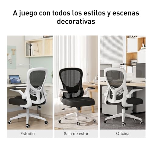 Hbada J3 Silla de Escritorio ergonómica, Silla de Oficina con reposabrazos abatibles y Soporte Lumbar, Altura Ajustable, Blanco