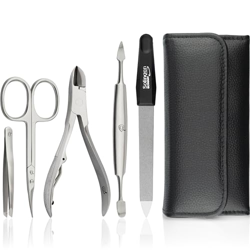 marQus Premium Maniküre Set Edelstahl - 5 teilig in Echt Leder Etui handlich und weich - Komplettes Kit mit allem für die Hand- und Fußpflege, Nagelset Schwarz