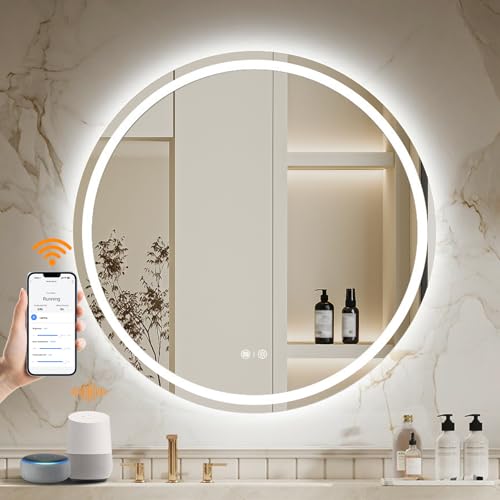 ENZE LED Bathroom Mirror 32 Inch Round Bathroom Mirror with Lights, Circle Mirror,Wall Mounted with 3 Colors, Anti-Fog, Dimmable, Shatter-Proof,LED Touch Sensor &APP& Voice Control (Alexa/Google)