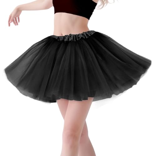 Tüllrock Damen Tutu Schwarz- Klassisch Elastisch 4 Lagig Tüllrock 80er Rock Tütü Damen Kurz Teen Dance Dress Up Party Cosplay Zubehör Vintage...