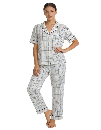 Image of NAP BOUND 100% Cotton Women Pajama Sets Button Down Short Sleeve Sleepwear Soft Pjs 2 Piece Lounge Set with Pocket XS-XXL