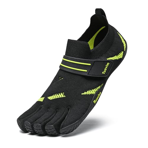 FACETU'S Barefoot Five-Finger Water Shoes for Women & Men, Quick Dry Mesh Athletic Sneakers with Adjustable Strap, Rubber Sole, Black with Blue Accents (Black/Green, Adult, Men, 10, Numeric, US Footwear Size System, Wide)