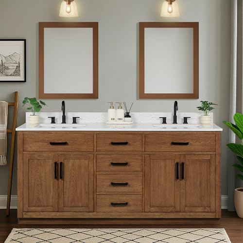 XWNE 72-inch Dark Walnut Bathroom Vanity with 2 Sinks, Solid Wood, 0.79-inch Stone Countertop and Backsplash, 6 Drawers, 4 Soft Closing Doors
