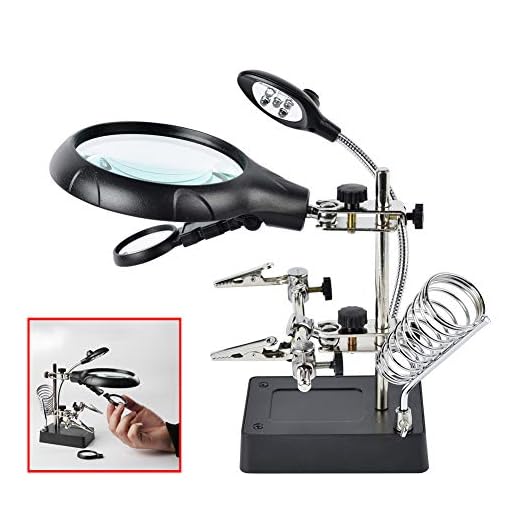 Beileshi 2.5X 7.5X 10X LED Light Helping Hands Magnifier Soldering Station,Magnifying Glass Stand with Auxiliary Clamp and Alligator Clips