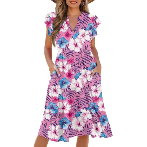 Image of Women's Casual Ruffle Sleeve Dress V Neck Pullover Dress Flowy A-Line Pleated Lightweight Dress with Pockets