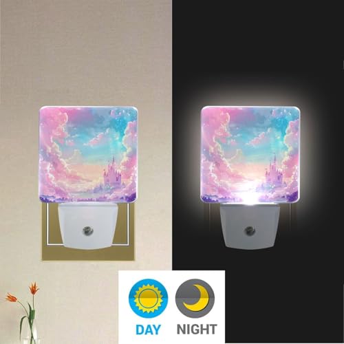 Image of Princess Castle Pink Sky Night Lights 2 Pack Plug-in Wall Led Nightlight Auto Dusk-to-Dawn Sensor Lamps for Bedroom Kitchen Bathroom