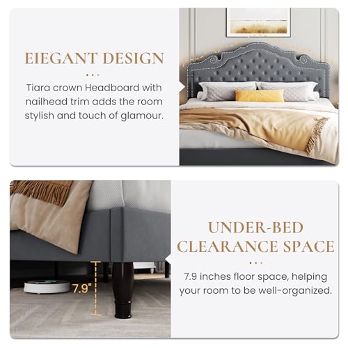 SHA CERLIN King Size Platfrom Bed Frame with Adjustable Headboard/Velvet Upholstered Diamond Button Tufted and Metal Studs/No Box Spring Needed/Easy Assembly/Woodenen Slat Support/Light Grey