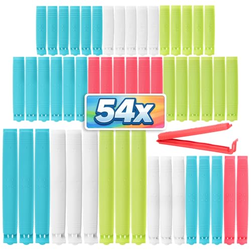com-four® 54x Verschlussclips aus Kunststoff - Verschlussklammern in 4 Größen und 4 Farben - Gefrierbeutel-Clips, Beutelclipse für Cornflakes, Nüsse, Kaffee (54 Stück - 6cm/8cm/11cm/14cm)