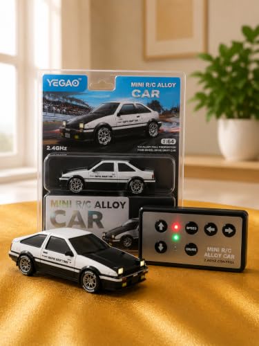 Image of Mini R /C Alloy Drift Car 1:64 Scale - 2.4GHz 4WD RC Racing Desk Toy with LED Lights & Cruise Control Feature (Kids & Collectors Edition) (Toyota Sprinter Trueno (AE86) Liftback)