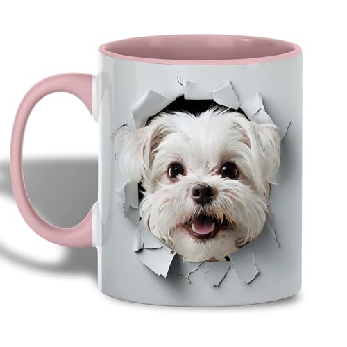 Maltese Dog Mug, 11oz Ceramic Coffee Cup with 3D Cracked Wall Illusion Art, Red Handle Campfire Enamel Style Cup, Gift for Small Breed Pet Owners and Dog Lovers -  ATSAKA