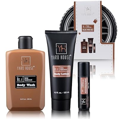 Yard House Mens Skincare Gift Set Smoky Sandalwood | Body Wash, Lotion & Lip Balm in Tire Shape Travel Case Premium Grooming Kit for Men Fathers Day gifts For Him Birthday Christmas Gift Idea
