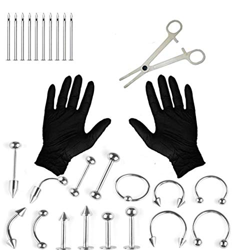 Jconly Piercing Kit - 33Pcs Professional Body Piercing Kit Surgical Steel Piercing Needles 14G,16G Piercing Clamps Belly Ring Tongue Tragus Nipple Nose, Body Piercing Tools  
