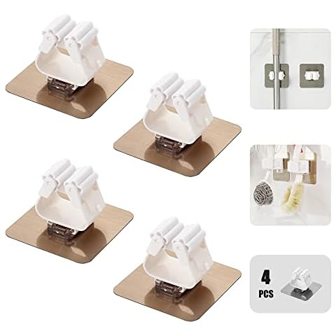 Shaoduoli Self-Adhesive Mop Holder,Broom Wall Mounted Rack,Sweeper Gripper Hanger,Cleaning Tools Sticker Hook,Bathroom/Kitchen/Toilet/Garage Gadget,No Drilling and Anti-Slip(4pcs) Cover
