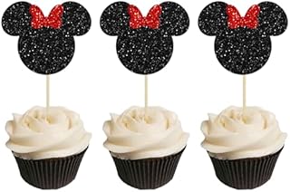 Gyufise 36 Pack Black and Red Glitter Mouse Inspired Cupcake Toppers with Bow Mouse Cake Decorations for Baby Shower Wedding Kids Baby Birthday Party Supplies