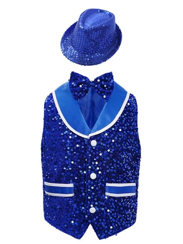 Aislor Kids Boys Girls Sequin Sleeveless Jazz Dance Vest Jacket Performance Carnival Party Waistcoat and Hat Set
