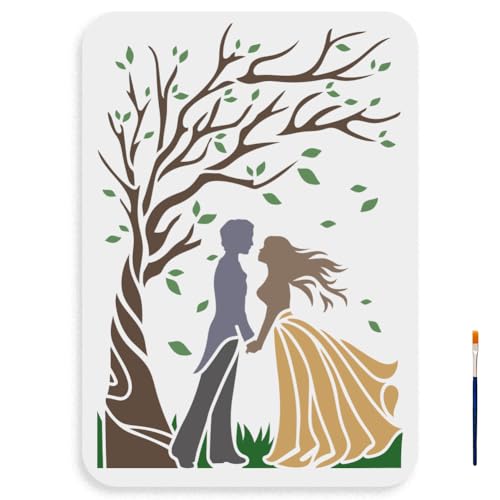 MAYJOYDIY Lover Promise Under The Tree Stencil 11.7×8.3inch Large Bride and Groom Tree Stencil Reusable Couple Love Drawing Template with Paint Brush for DIY Art Crafts Canvas Furniture