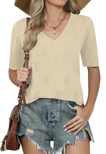 Image of Yincro Womens Short Sleeve Sweaters Fall Summer Tops V Neck Lightweight Knit Pullovers