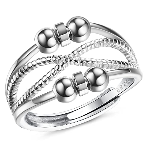 SAILIMUE 925 Sterling Silver Anxiety Ring For Women Men Fidget Rings For Anxiety Spinning Bead Adjustable Stacking Spinner Band Ring