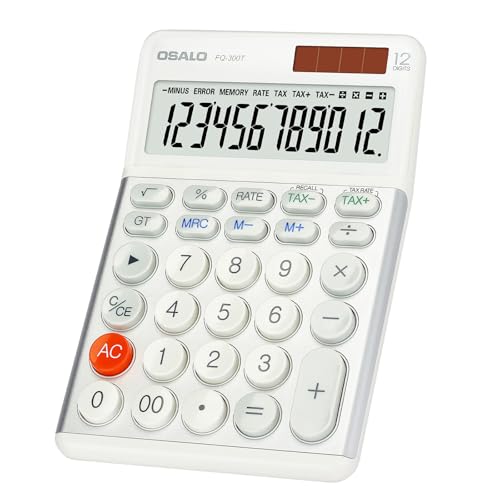 OSALO Taschenrechner große Tasten Großes Display 12-stelliger Tischrechner Bürorechner Schreib mit Mehrwert Steuer Funktion für Schule, Büro, Steuerberechnung (FQ-300T)