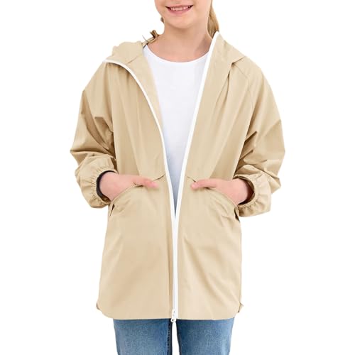 Girls Rain Jacket Lightweight Waterproof - Toddlers Full Zip Up Hooded Wind&Water Resistant Raincoat with Zipper Pockets