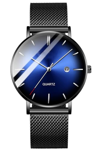 Men's Fashion Minimalist Wrist Watch Waterproof Watches Simple Ultra Thin Watches Analog Quartz Date with Stainless Steel Mesh Band (Black Blue Silver)