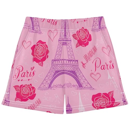 Girls Lounge Shorts EiffelTower Rose Pink Print Summer Activewear Comfy Athletic Pajama Bottoms Kids Teens, X-Small