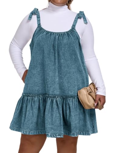 Image of Denim Dress for Women Tie Shoulder Sleeveless Denim Mini Dress Casual Flowy Babydoll Dress Wash Jean Dress