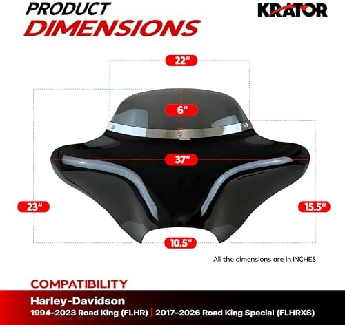 Krator Front Batwing Motorcycle Fairing Compatible with Harley Davidson Road King FLHR (1994-2023) & Road King Special FLHRXS (2017-2026) Gloss Black ABS Fairing, 6" Windshield with Chrome Trim, Smoke — view 8