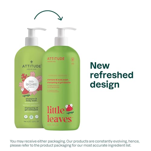 Image of ATTITUDE Shampoo and Body Wash for Kids, EWG Verified Hair and Body Cleanser, Dermatologically Tested Soap, Plant and Mineral Based Bath Products, Vegan, Watermelon and Coco, 32 Fl Oz