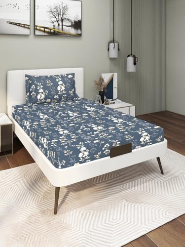 Image of Blue Strip 220TC Glace Cotton Elastic Fitted Bedsheets Single Bed with 1 Pillow Cover | Single Bed with All Around Elastic, Size 42 inch x 75 inch Inches