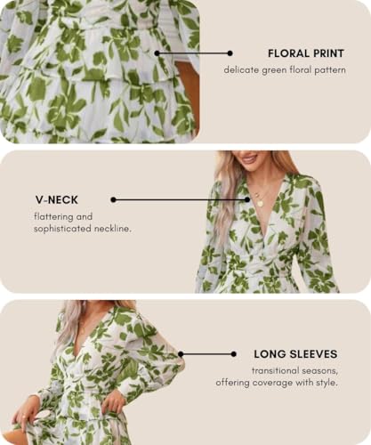 Image of Leriya Fashion Women's V-Neck Floral Print Ruffle Long Sleeve A-Line Mini Dress | Elegant Casual Party Outfit | Lightweight Layered Summer Wear