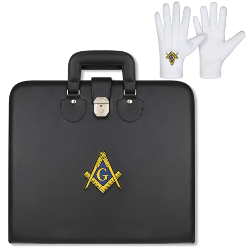Masonic Embroidered Square And Compass Black Master Mason Soft Apron Case - Blue Lodge MM/WM Provincial Size 16 Inches x 18 Inches With Free Embroidered Cotton Gloves(Premium Regalia)