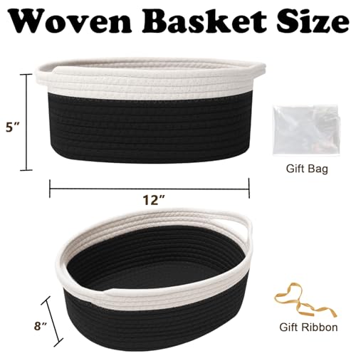 Image of Woven Rope Basket - Baby Gift Basket with Bag & Ribbon, White&Black