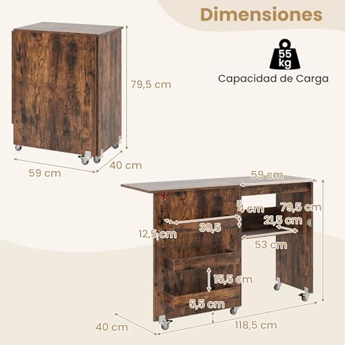 Miniatura 3 de Giantex Armario De Costura Plegable 2 En 1 Con 5 Ruedas, Mesa De Coser Con 3 Compartimentos Y 1 Estante Abierto, Aspecto De Vetas De Madera, Para Dormitorio, Salón Y Estudio Marrón, 118,5x40x79,5cm