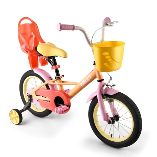 Image of RULLY 12 14 16 Inch Kids Bike for 2-7 Years Girls 33-53 Inch Tall, Toddler Bicycle with Training Wheels & Coaster Brake, Rainbow Bike, Macarons