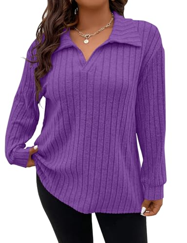 Image of Gemulate Womens Jumpers Plus Size Striped Long Sleeve Tops for Women Lightweight Oversized Sweater v Neck Sweatshirts Purple XXL