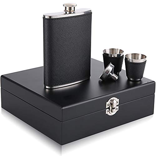 Hip Flask Set with 2 Shot Glasses, Funnel and Wooden Gift Box –