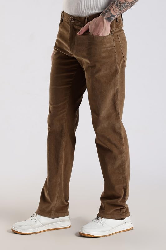 Image of NEVER NEUD Men's Corduroy Trousers, Stylish Mid Rise Straight Fit Pants for Men, 98% Cotton 2% Elastane, Button Closure, 4 Pockets (Khakhi, 32)
