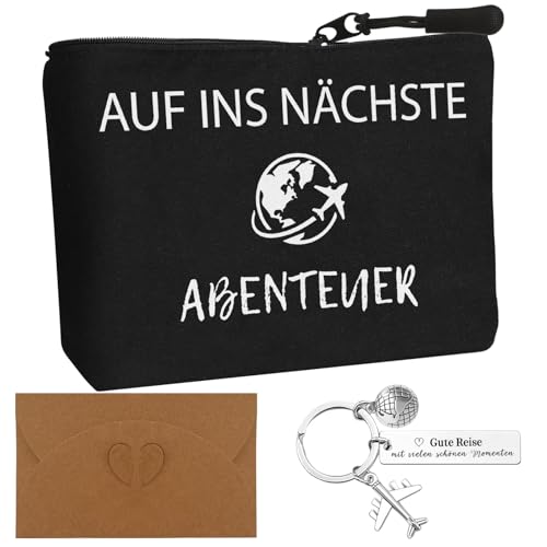 Gute Reise Geschenk für Reisende, Abschiedsgeschenk, Kosmetiktasche mit Schlüsselanhänger + Kraftpapier Umschlag Schminktasche Geschenke für Freundin & Kollegin, Reise Make Up Tasche