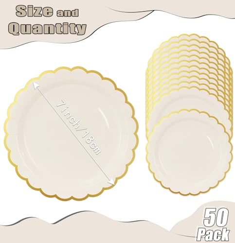 Image of HEIPINIUYE 50 Pieces Ivory Paper Plates with Gold Foil 7 Inch Disposable Ivory Scalloped Dinner Plates for Wedding Baby Shower Birthday Party Dessert Plate