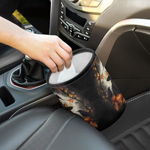 Image of Halloween Black Cat Pumpkin Collapsible Portable Trash Can for Car Front Seat, Back Seat, Floor, Headrest Rubbish Bin