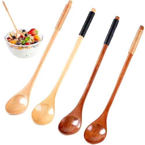 Yuiturt 4 Cuillères en Bois Naturel, Lot de Cuillères Multifonctionnelles Long Manche, Pour Café, Thé, Miel, Soupe et Confiture, Ustensiles de Cuisine Écologiques avec Poignée Antidérapante