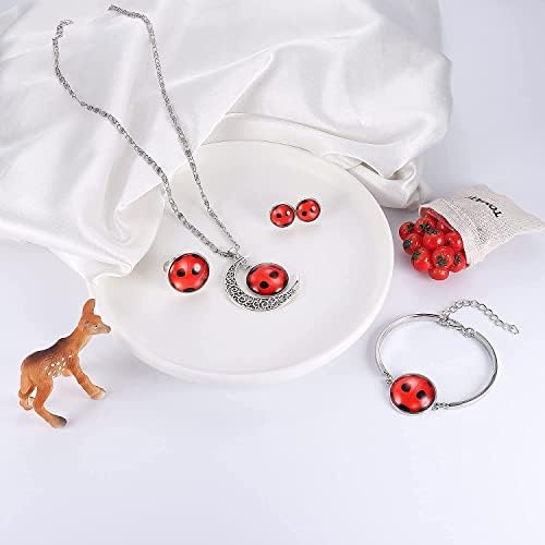 ADRAMATA 5Pcs Good Luck Ladybug Jewelry for Women Girl Moon Necklace Red Ladybug Bracelet Lucky Ladybug Earrings Adjustable Ring Stud Set Wish Lucky Gift